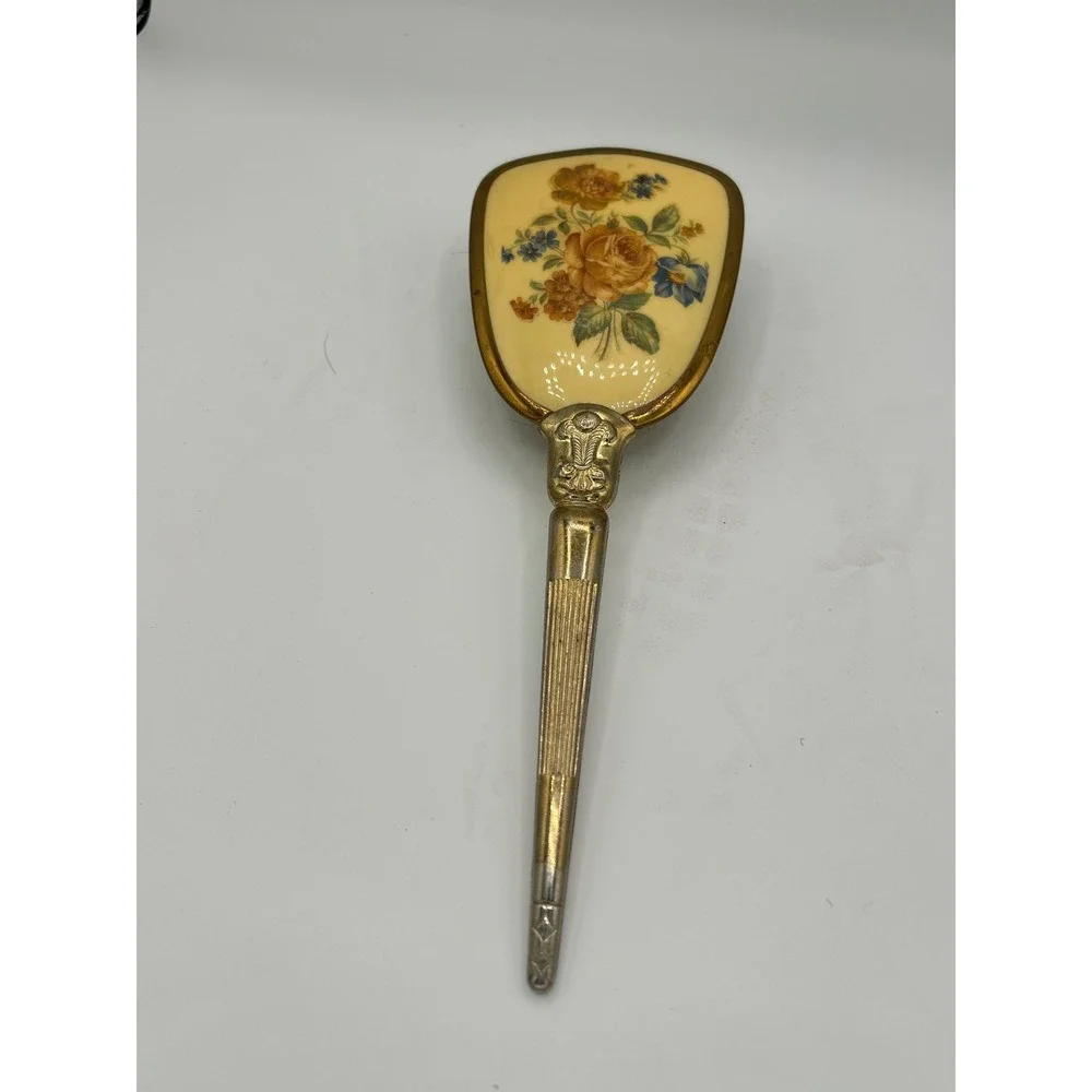 Vintage Gold Tone Floral Hair Brush Hollywood Regency Vanity‎ Decor Rose Bouquet